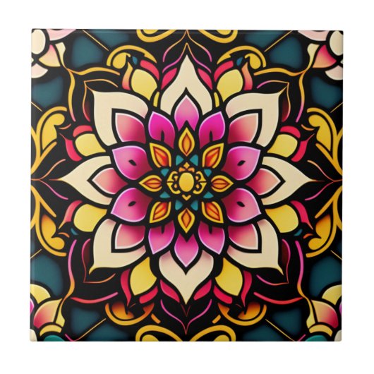 Floral Pink Flower Illustration Artwork タイル (正面)