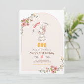 Floral Pink Gingham Rabbit Bunny Girl 1st Birthday 招待状 (スタンド正面)