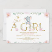 Floral Pink Girl Elephant Baby Shower Invitation 招待状 (正面)