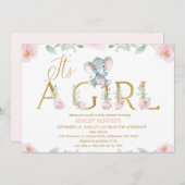 Floral Pink Girl Elephant Baby Shower Invitation 招待状 (正面/裏面)