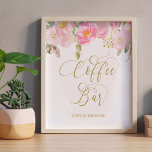 Floral Pink Gold Calligraphy Coffee Bar Sign ポスター<br><div class="desc">Elegant Coffee Bar sign with pink and gold floral design and beautiful calligraphy. This feminine watercolor design has pink and gold flowers with a dash of greenery. It features elegant hand lettering and typography in gold, with "Coffee Bar" hand lettered in swirly calligraphy. Please browse my store for matching items....</div>