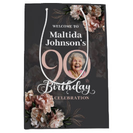 Floral Pink Gray Photo 90th Birthday Thank You ミディアムペーパーバッグ