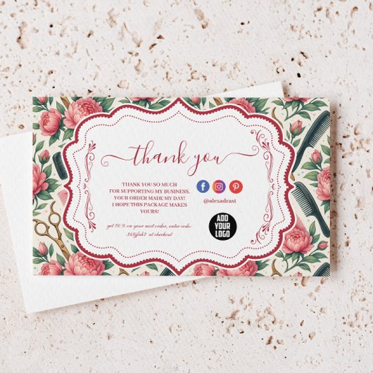 Floral Pink Green Hair Stylist Business サンキューカード