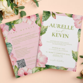 Floral Pink Green Summer Watercolor QRcode Wedding 招待状