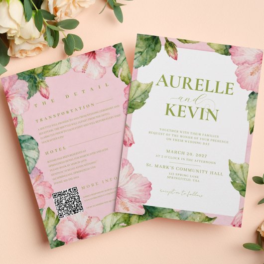 Floral Pink Green Summer Watercolor QRcode Wedding 招待状