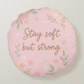 Floral Pink Inspirational Quote – Stay Soft ラウンドクッション (裏面)