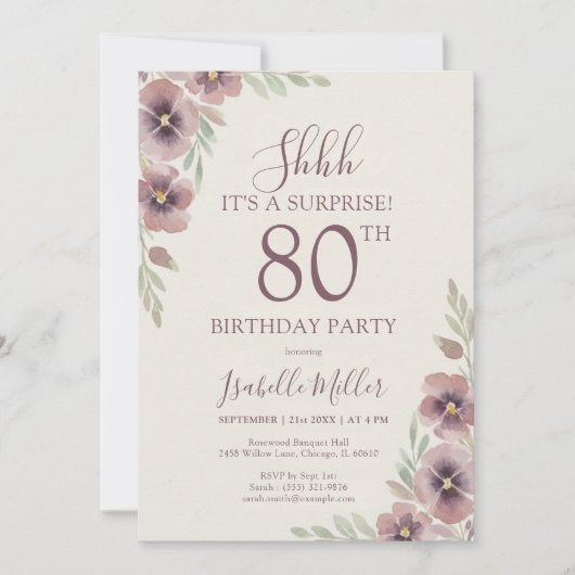 Floral Pink Mauve Surprise 80th Birthday 招待状 (正面)