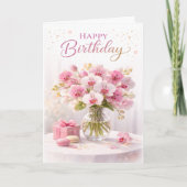 Floral Pink Orchid Elegant Birthday カード (正面)