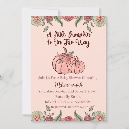 Floral Pink Pumpkin Baby Shower 招待状 (正面)