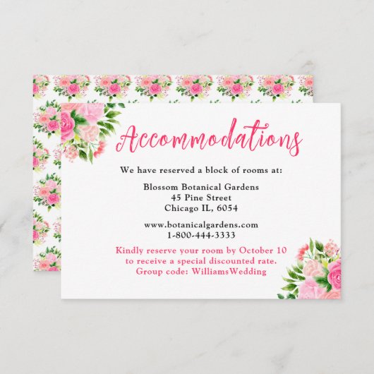 Floral Pink Roses Wedding Accommodations  エンクロージャーカード (正面/裏面)