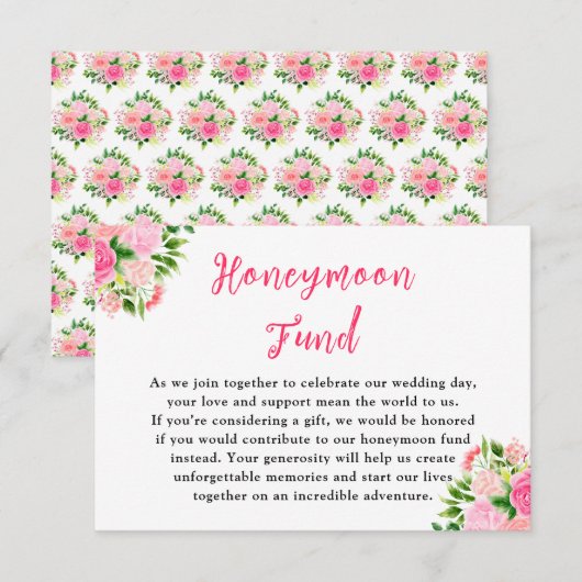 Floral Pink Roses Wedding Honeymoon Fund エンクロージャーカード (正面/裏面)