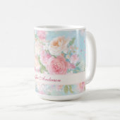 Floral Pink & White Roses with Custom Name コーヒーマグカップ (正面右)