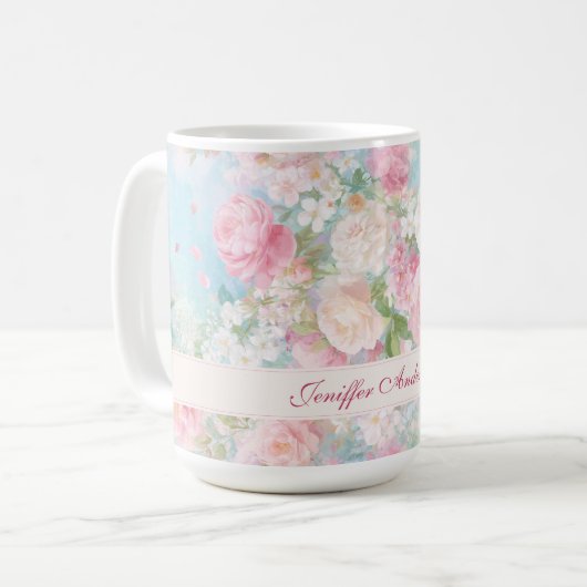 Floral Pink & White Roses with Custom Name コーヒーマグカップ (正面左)