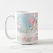 Floral Pink & White Roses with Custom Name コーヒーマグカップ (左)