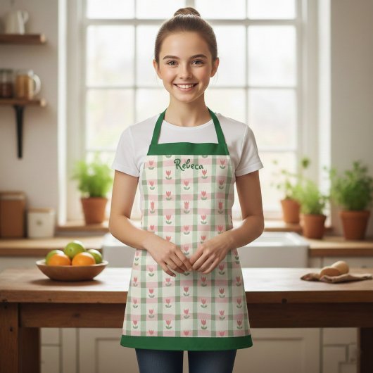 Floral Plaid Kids' Apron with Custom Name エプロン