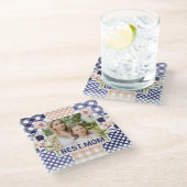 Floral & Plaid Photo Frame Mother's Day ガラスコースター (アングル)