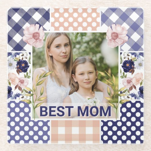 Floral & Plaid Photo Frame Mother's Day ガラスコースター (正面)