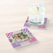 Floral & Plaid Photo Frame Mother's Day ガラスコースター (アングル)