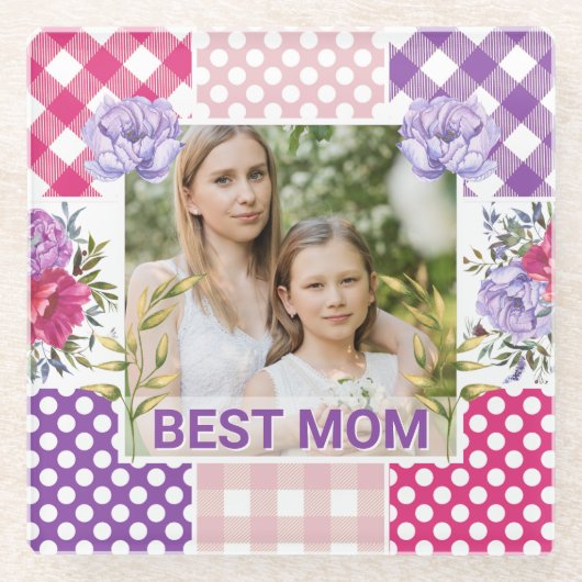 Floral & Plaid Photo Frame Mother's Day ガラスコースター (正面)