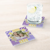 Floral & Plaid Photo Frame Mother's Day ガラスコースター (アングル)