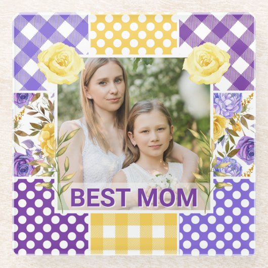 Floral & Plaid Photo Frame Mother's Day ガラスコースター (正面)