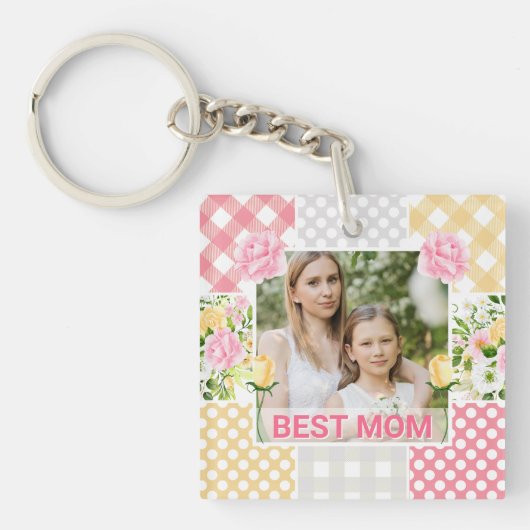 Floral & Plaid Photo Frame Mother's Day キーホルダー (正面)