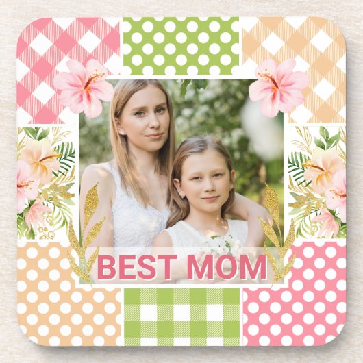 Floral & Plaid Photo Frame Mother's Day コースター (正面)