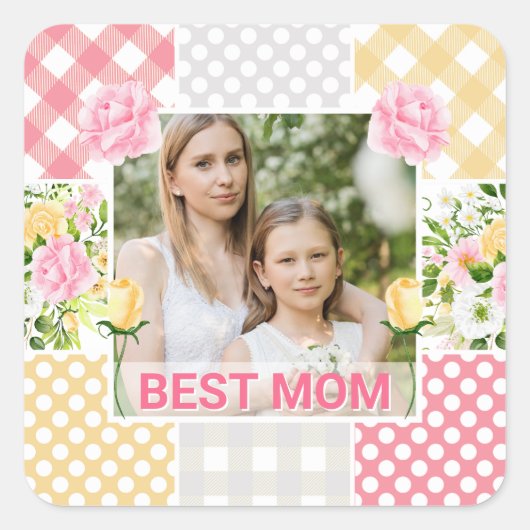Floral & Plaid Photo Frame Mother's Day スクエアシール (正面)
