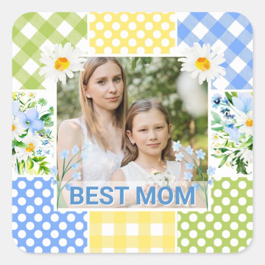 Floral & Plaid Photo Frame Mother's Day スクエアシール (正面)