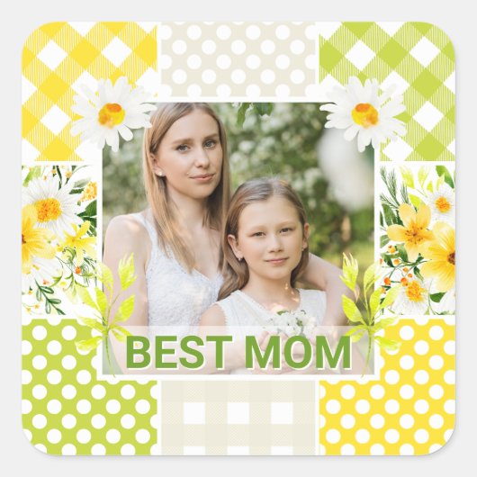 Floral & Plaid Photo Frame Mother's Day スクエアシール (正面)