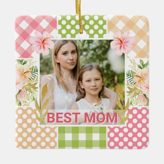 Floral & Plaid Photo Frame Mother's Day セラミックオーナメント (正面)
