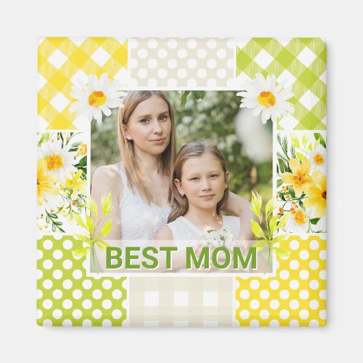 Floral & Plaid Photo Frame Mother's Day マグネット (正面)
