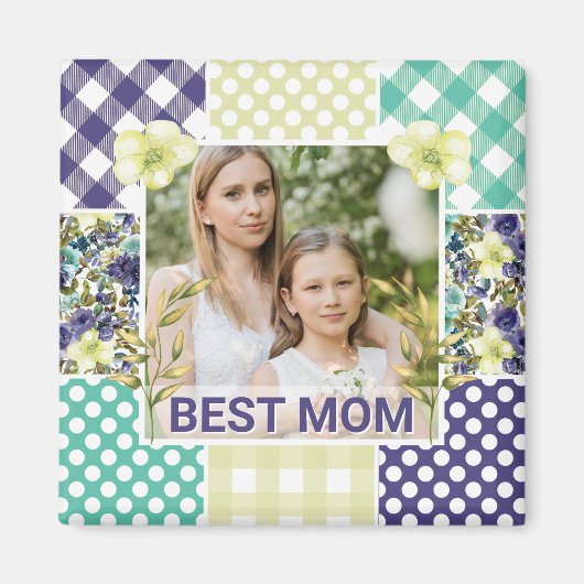 Floral & Plaid Photo Frame Mother's Day マグネット (正面)