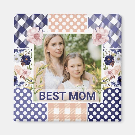 Floral & Plaid Photo Frame Mother's Day マグネット (正面)