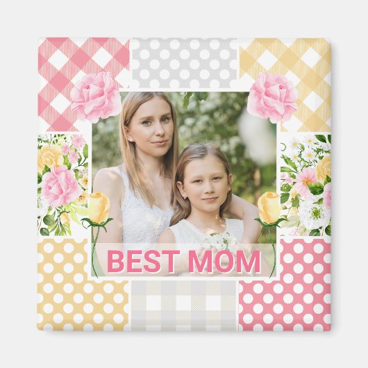 Floral & Plaid Photo Frame Mother's Day マグネット (正面)