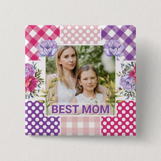 Floral & Plaid Photo Frame Mother's Day 缶バッジ (正面)