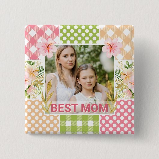 Floral & Plaid Photo Frame Mother's Day 缶バッジ (正面)