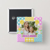 Floral & Plaid Photo Frame Mother's Day 缶バッジ (正面&裏面)