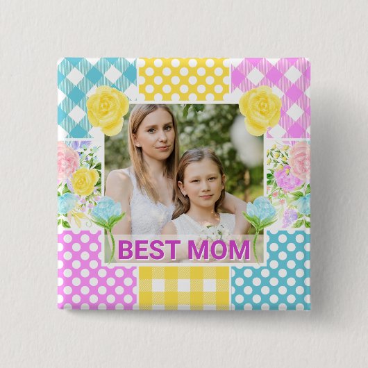 Floral & Plaid Photo Frame Mother's Day 缶バッジ (正面)