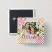 Floral & Plaid Photo Frame Mother's Day 缶バッジ (正面&裏面)