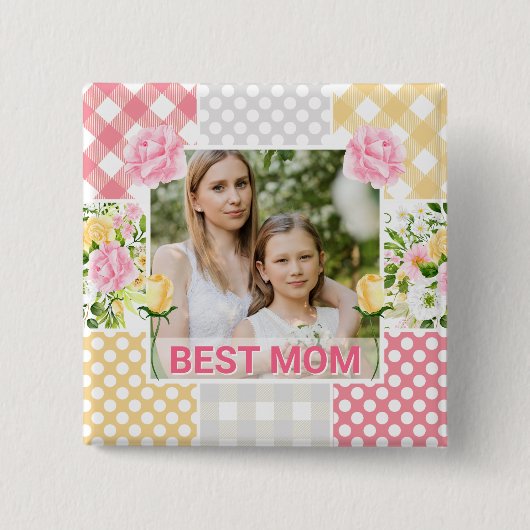 Floral & Plaid Photo Frame Mother's Day 缶バッジ (正面)