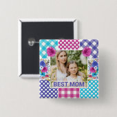 Floral & Plaid Photo Frame Mother's Day 缶バッジ (正面&裏面)