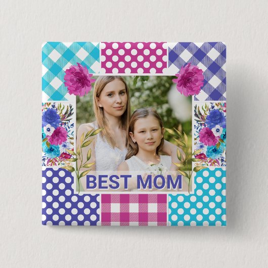 Floral & Plaid Photo Frame Mother's Day 缶バッジ (正面)