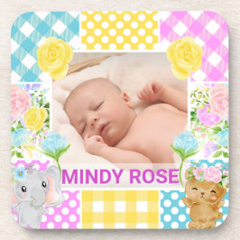 Floral & Plaid Photo Frame Newborn Baby コースター