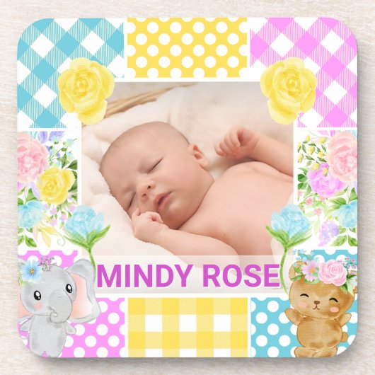 Floral & Plaid Photo Frame Newborn Baby コースター (正面)