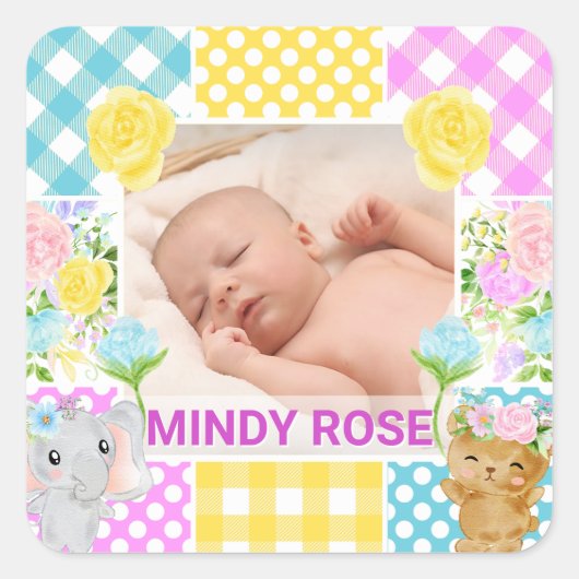 Floral & Plaid Photo Frame Newborn Baby スクエアシール (正面)