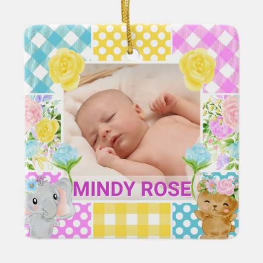 Floral & Plaid Photo Frame Newborn Baby セラミックオーナメント (正面)