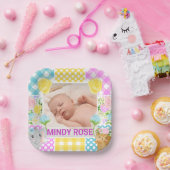 Floral & Plaid Photo Frame Newborn Baby ペーパープレート (パーティー)