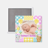 Floral & Plaid Photo Frame Newborn Baby マグネット (正面/裏面)