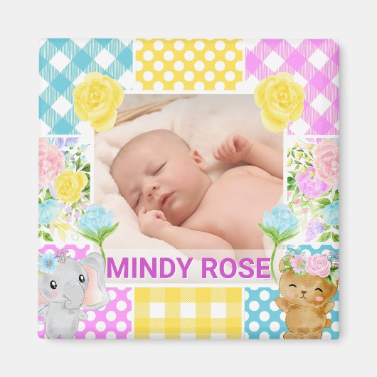 Floral & Plaid Photo Frame Newborn Baby マグネット (正面)
